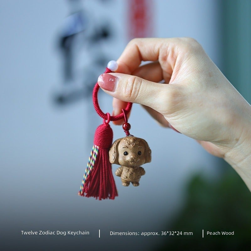 Cute Wood 12‑Zodiac Animal Keychain Pendant,Hand‑Carved Wooden Tassel Bag Charm Hanging Ornament Gift - Image 1