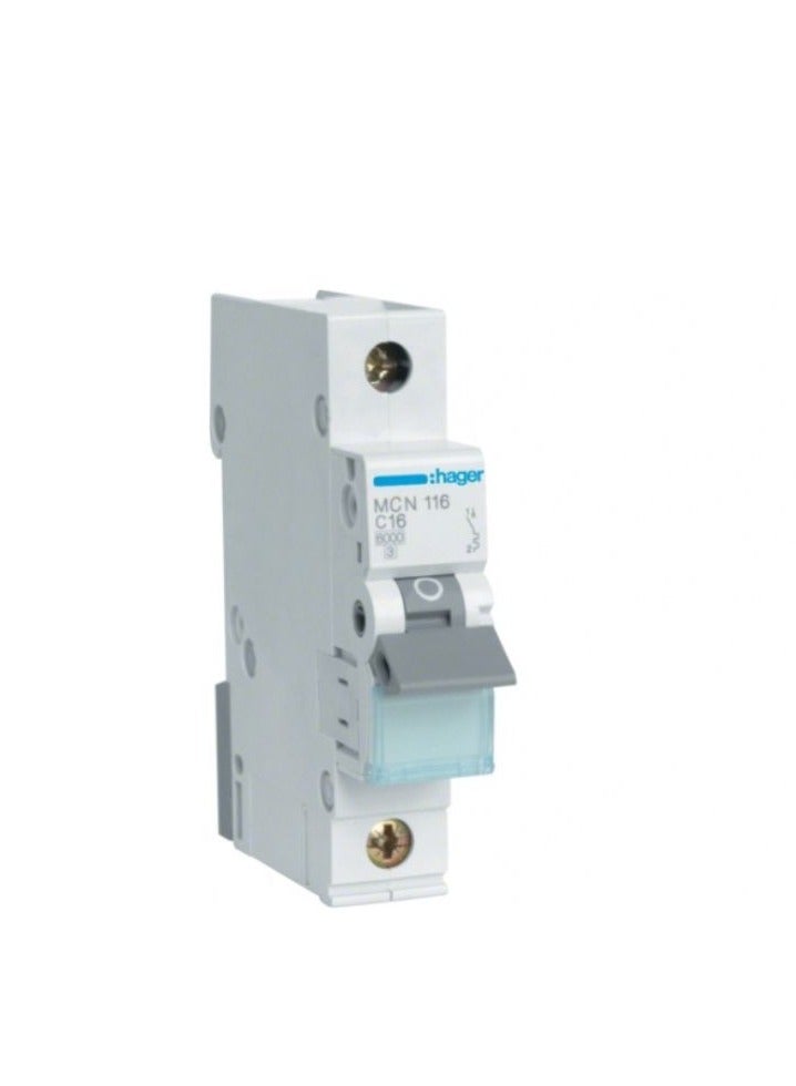 Hager Circuit Breaker, MCN116 240-415VAC Curve Type C 1 Pole 6kA 16A Made in France 