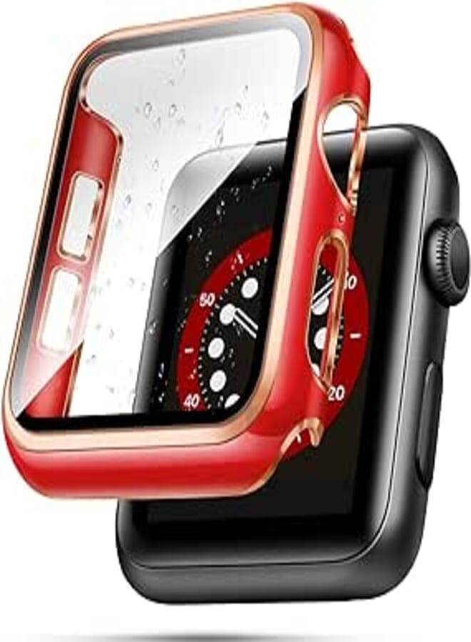 top4cus 44mm Case Compatible with Apple Watch, with Built-in Tempered Glass Screen Protector, PC Cover for iWatch Series 9/8/7/SE 2rd SE 6 5 4/3 2 for Choice (44mm, Red + Rose Gold Edge)