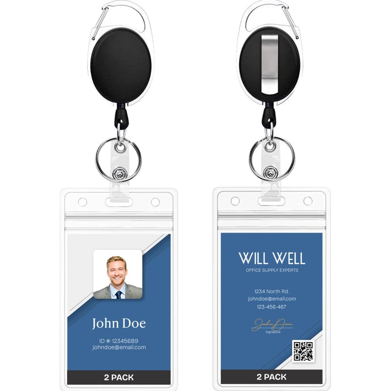 Will Well ID Badge Holders with Clip and Keyring - Vertical Clear Plastic 2.52" x 3.58" Sleeves Fit Up to 3 Cards - Retractable 24" UHMWPE Fiber Pull Cords for Easy Access - 2-Pack, Black Reels - Image 1