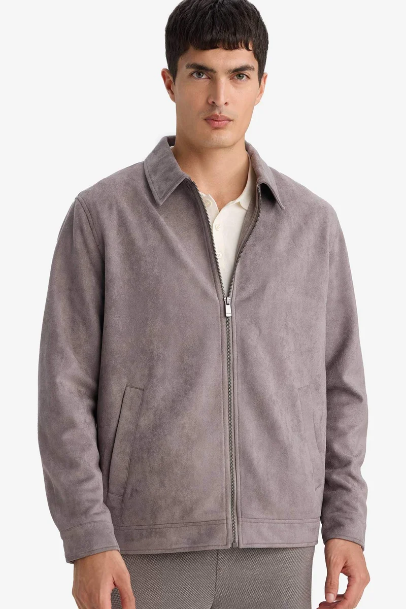 Regular Fit Polo Collar Lined Zip-Up Suede Jacket