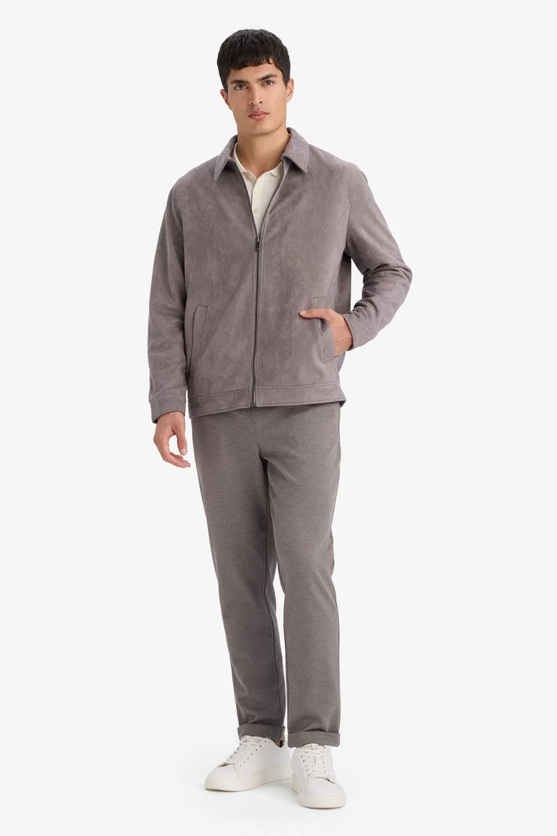 Defacto  Regular Fit Polo Collar Lined Zip-Up Suede Jacket for Men | Best Price UAE