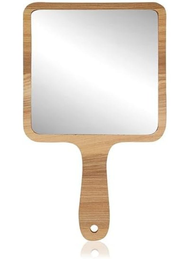 ديكور هيلز مرآة مكياج خشبية محمولة باليد - مرآة يد مربعة مقاس 9.5 بوصة بمقبض للصالون وطاولة الزينة والحلاقة والسفر - إطار خشبي متين، زجاج شفاف عالي الدقة، مرآة مكياج وعناية شخصية للجنسين - Image 1