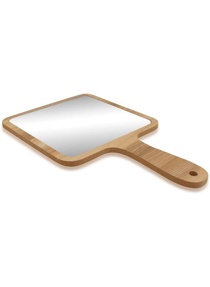 ديكور هيلز مرآة مكياج خشبية محمولة باليد - مرآة يد مربعة مقاس 9.5 بوصة بمقبض للصالون وطاولة الزينة والحلاقة والسفر - إطار خشبي متين، زجاج شفاف عالي الدقة، مرآة مكياج وعناية شخصية للجنسين - Image 2