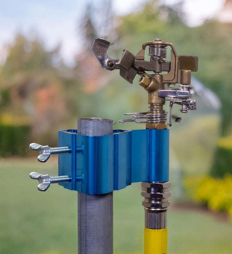 Dramm PostMount Sprinkler with Brass Impulse Head  Adjustable Watering Patterns Covers up to 70 Feet Mounts on TPost UPost or Round Post up to 15 Inches in Diamater Metallic Blue - Image 1