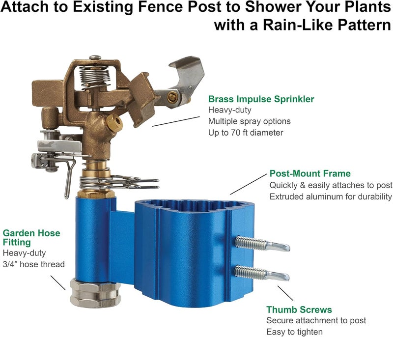 Dramm PostMount Sprinkler with Brass Impulse Head  Adjustable Watering Patterns Covers up to 70 Feet Mounts on TPost UPost or Round Post up to 15 Inches in Diamater Metallic Blue - Image 4