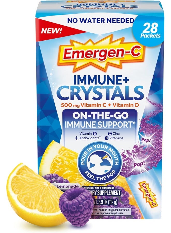 Emergen-C Immune Plus Crystals, On-The-Go Immune Support Supplement with Vitamin C, Vitamin D, B Vitamins, Zinc and Manganese, Berry Lemonade - 28 Stick Packs - Image 1