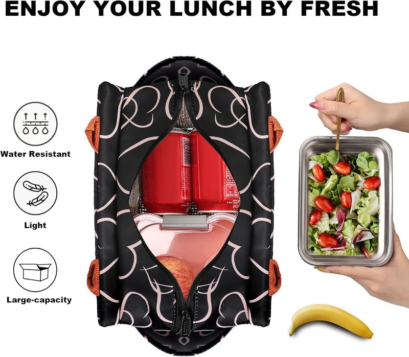 Joymee Lunch Bag Women Insulated Lunch Box Reusable Leakproof Large Spacious Cooler Tote for Women Men Adult with Bottle Holder and Side Pockets for Work Office Travel Picnic - Love Heart - Image 3