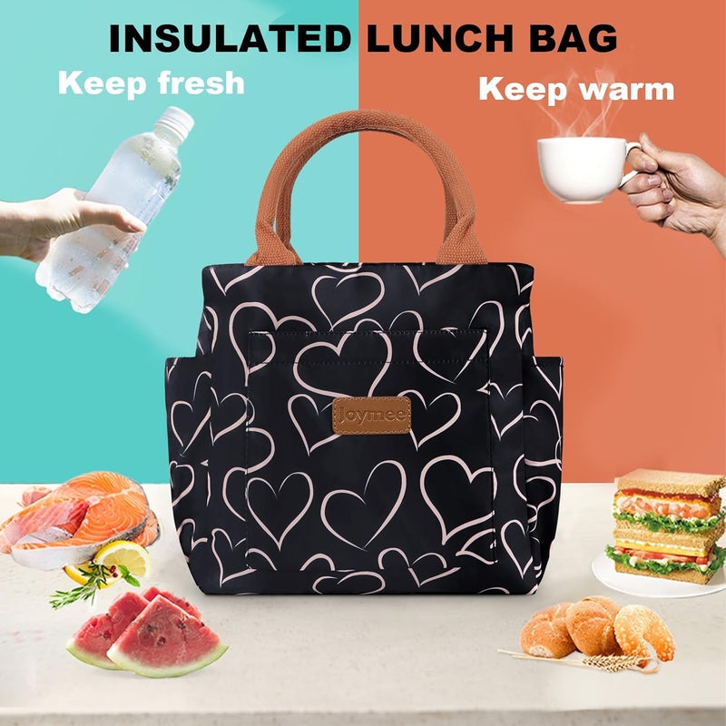 Joymee Lunch Bag Women Insulated Lunch Box Reusable Leakproof Large Spacious Cooler Tote for Women Men Adult with Bottle Holder and Side Pockets for Work Office Travel Picnic - Love Heart - Image 5