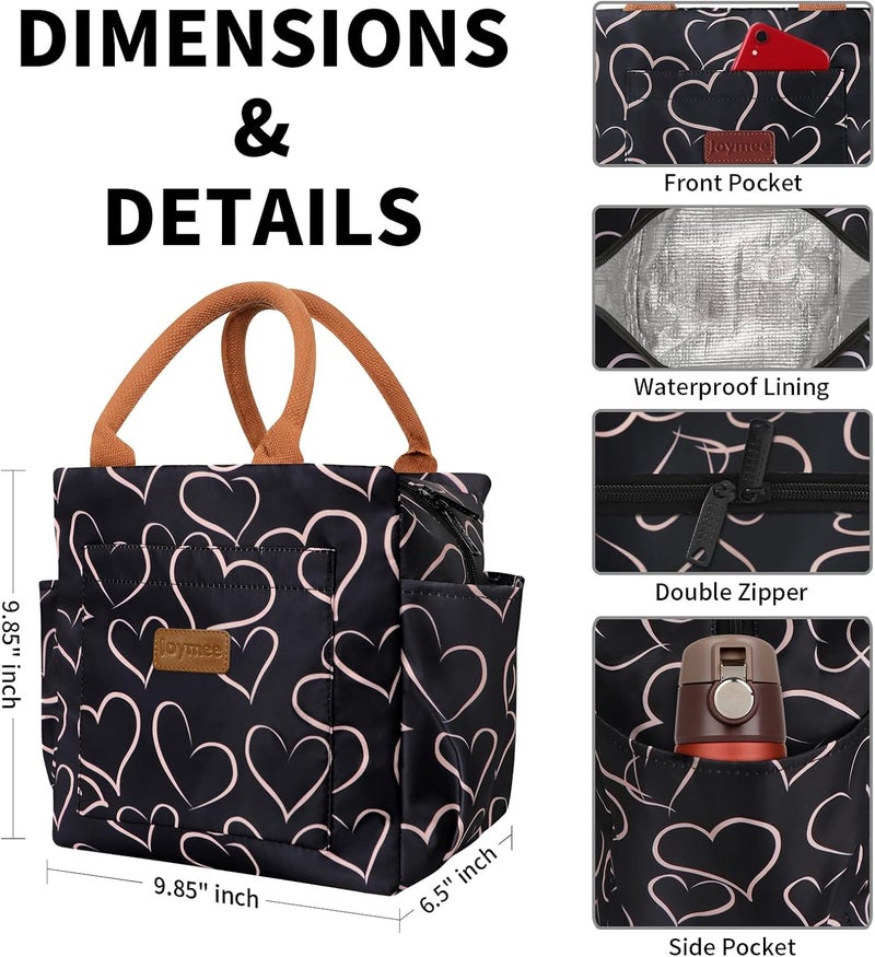 Joymee Lunch Bag Women Insulated Lunch Box Reusable Leakproof Large Spacious Cooler Tote for Women Men Adult with Bottle Holder and Side Pockets for Work Office Travel Picnic - Love Heart - Image 2