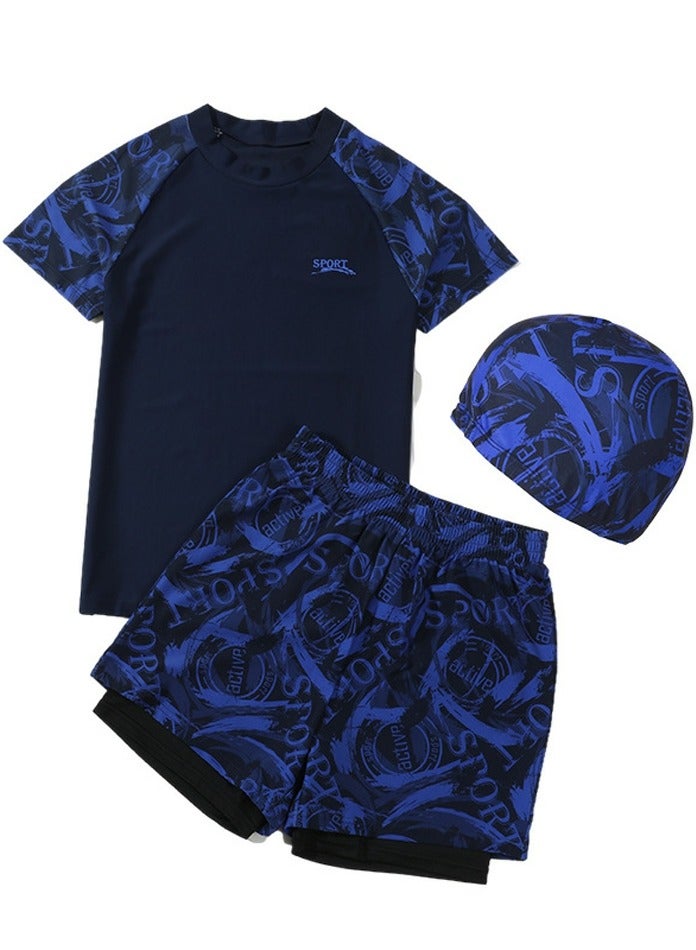 Loquat Boys Quick Dry Split Swimsuits Set Short Sleeve Swim Shirts ,Swim  Trunks With Compression Liner And Swim Cap Set - Image 1