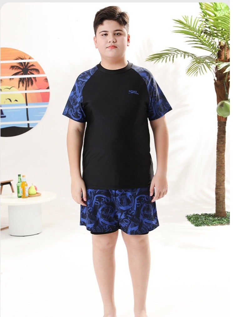 Loquat Boys Quick Dry Split Swimsuits Set Short Sleeve Swim Shirts ,Swim  Trunks With Compression Liner And Swim Cap Set - Image 2