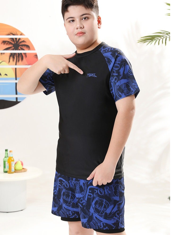 Loquat Boys Quick Dry Split Swimsuits Set Short Sleeve Swim Shirts ,Swim  Trunks With Compression Liner And Swim Cap Set - Image 3