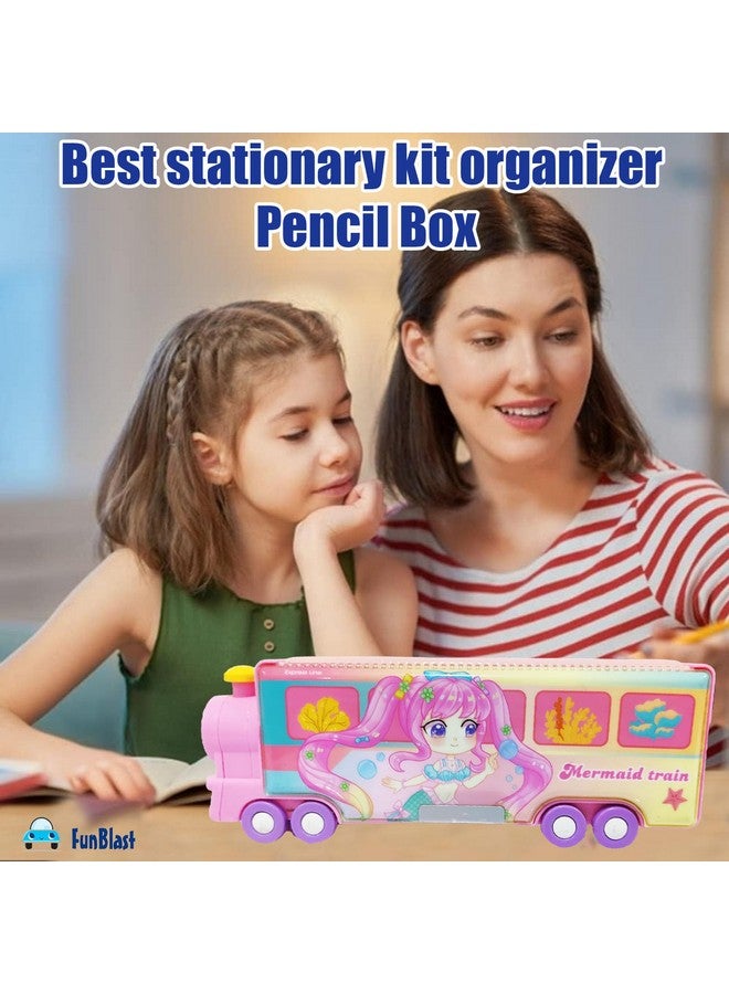 فنبلاست صندوق أقلام بلاستيكي من فن بلاست للأطفال مع عجلات متحركة، حافظة أقلام مزدوجة الطبقات مع مبراة، صندوق أدوات مكتبية للأطفال، هدية عيد ميلاد للأولاد والبنات (وردي) - Image 3
