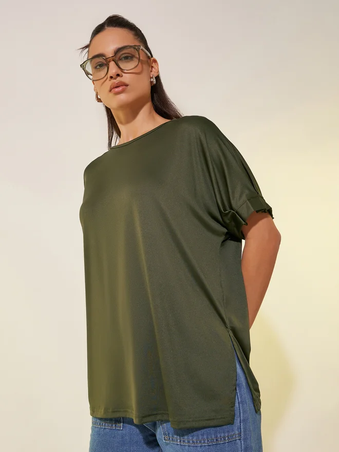 Styli Styli Solid Round Neck Oversized T-Shirt with Slit
