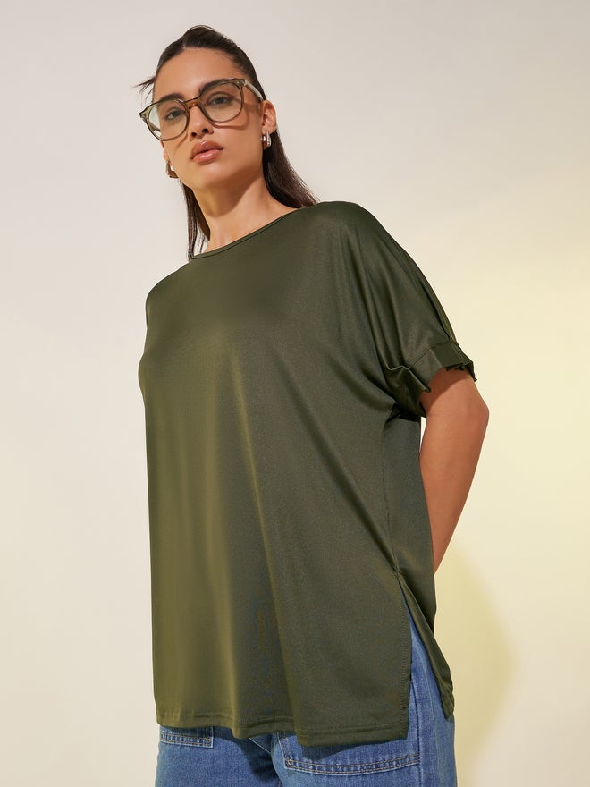 Take Two Solid Round Neck Oversized T-Shirt with Slit - Image 3