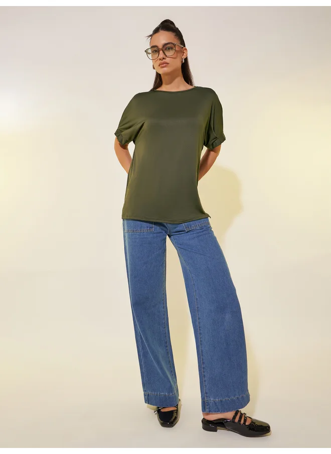 تايك تو Take Two Solid Round Neck Oversized T-Shirt with Slit