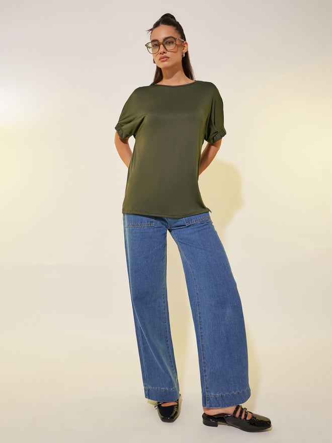 Take Two Solid Round Neck Oversized T-Shirt with Slit - Image 2