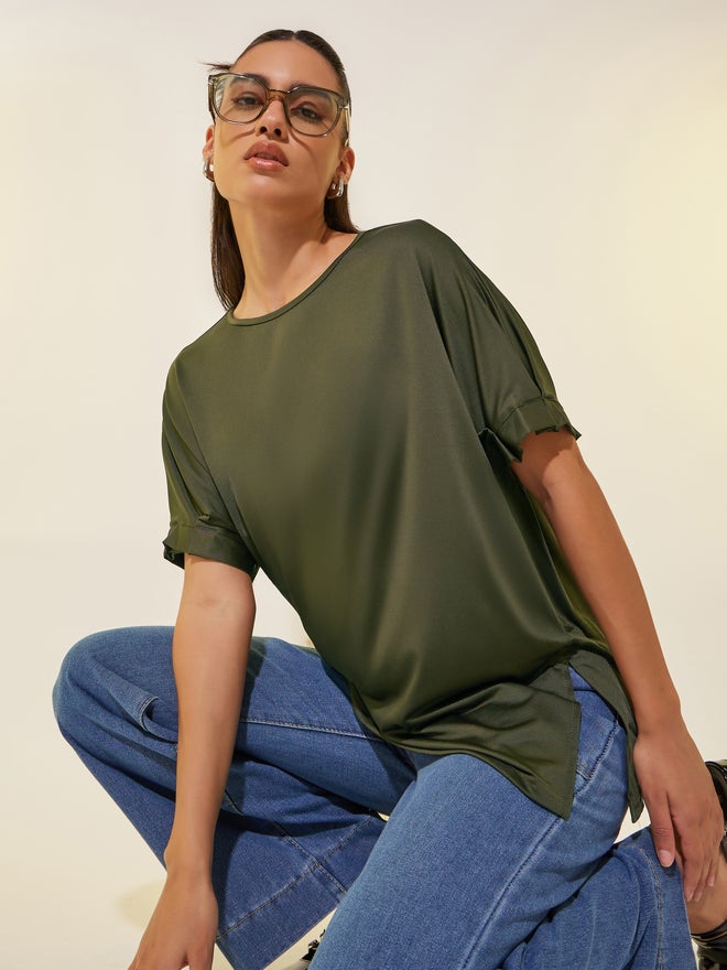 Take Two Solid Round Neck Oversized T-Shirt with Slit - Image 1