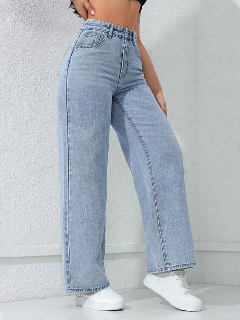 CHKOKKO Women High Rise Denim Solid Regular Fit Jeans Iceblue 34 - Image 4