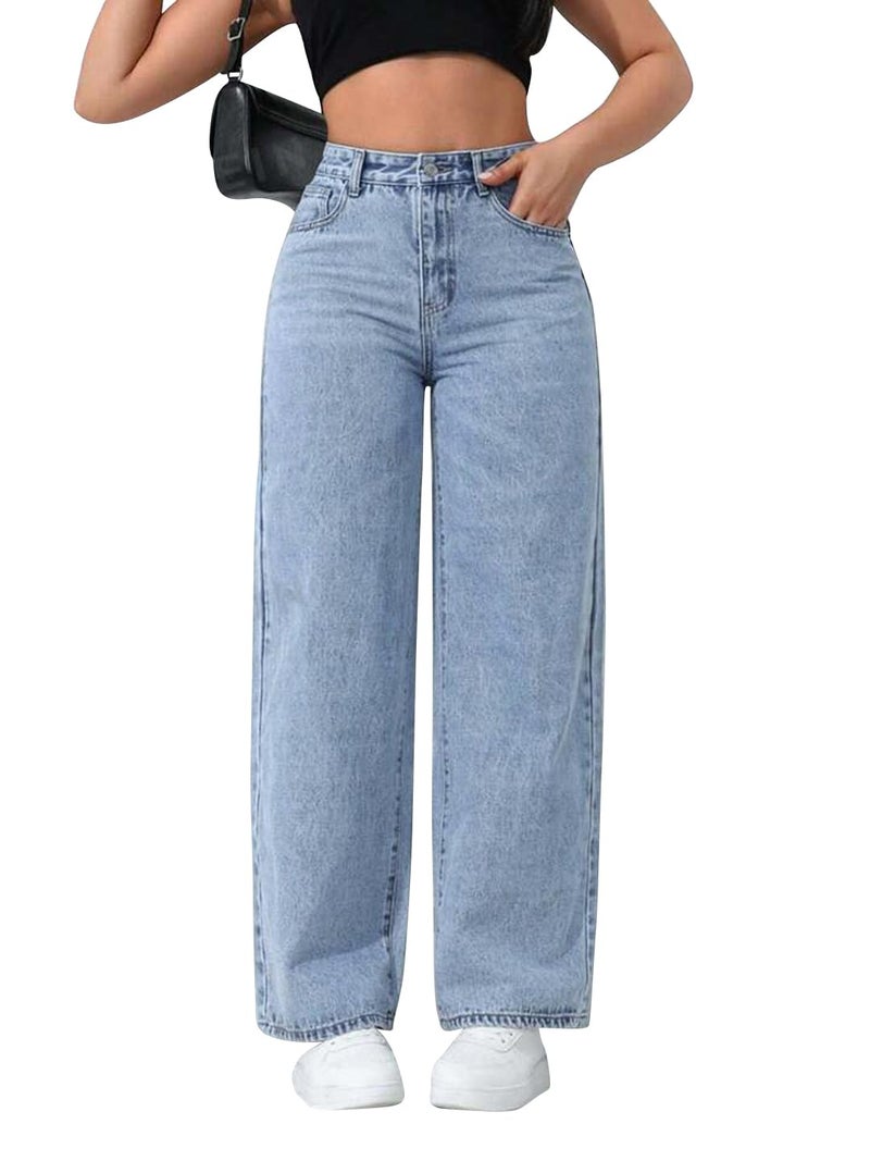 CHKOKKO Women High Rise Denim Solid Regular Fit Jeans Iceblue 34 - Image 1