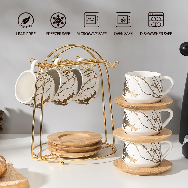 LUKA Ceramic Espresso Cups with Saucers and Metal Stand, Small 4 oz Porcelain Demitasse Cups Set of 6, Cute Cappuccino Coffee Cups for Double Espresso, Tea, Marbling White - Image 4
