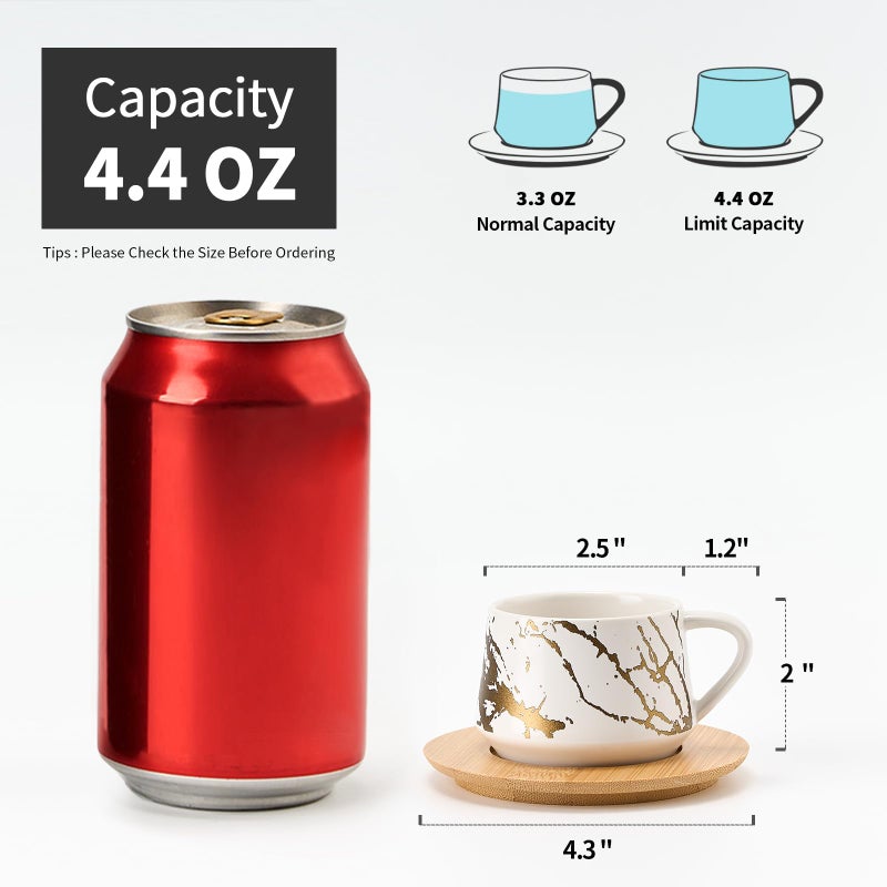 LUKA Ceramic Espresso Cups with Saucers and Metal Stand, Small 4 oz Porcelain Demitasse Cups Set of 6, Cute Cappuccino Coffee Cups for Double Espresso, Tea, Marbling White - Image 2