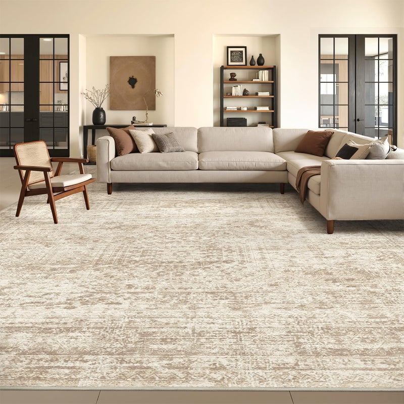 Restydon 8x10 Area Rugs for Living Room, Non-Slip Backing Large Washable Rug for Nursery Room, Vintage Abstract Bedroom Rugs, Thin Indoor Home Decor Soft Farmhouse Rug (8'x10', Beige/Ivory) - Image 2