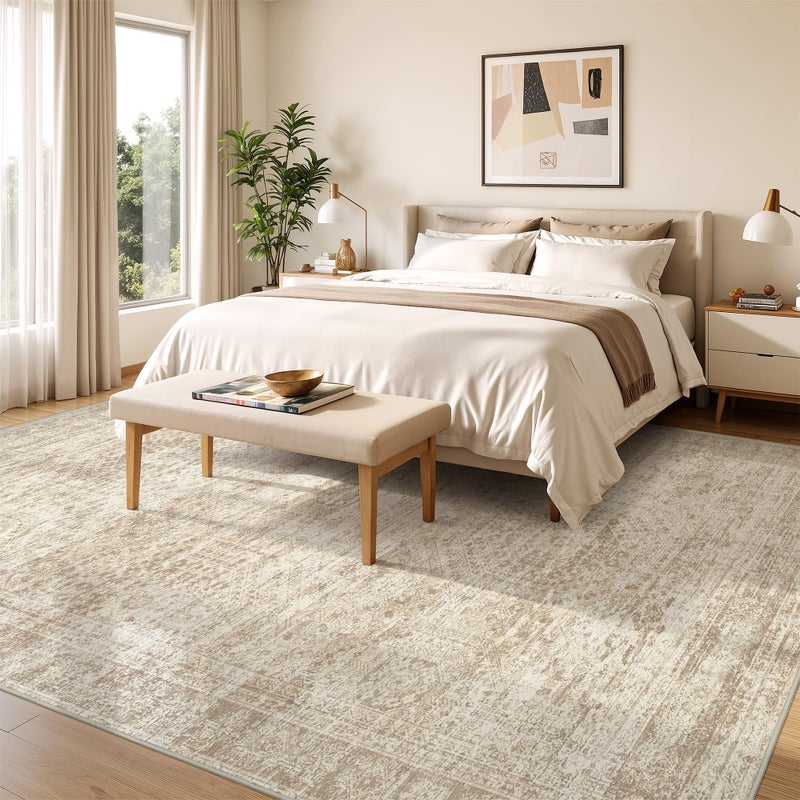 Restydon 8x10 Area Rugs for Living Room, Non-Slip Backing Large Washable Rug for Nursery Room, Vintage Abstract Bedroom Rugs, Thin Indoor Home Decor Soft Farmhouse Rug (8'x10', Beige/Ivory) - Image 3