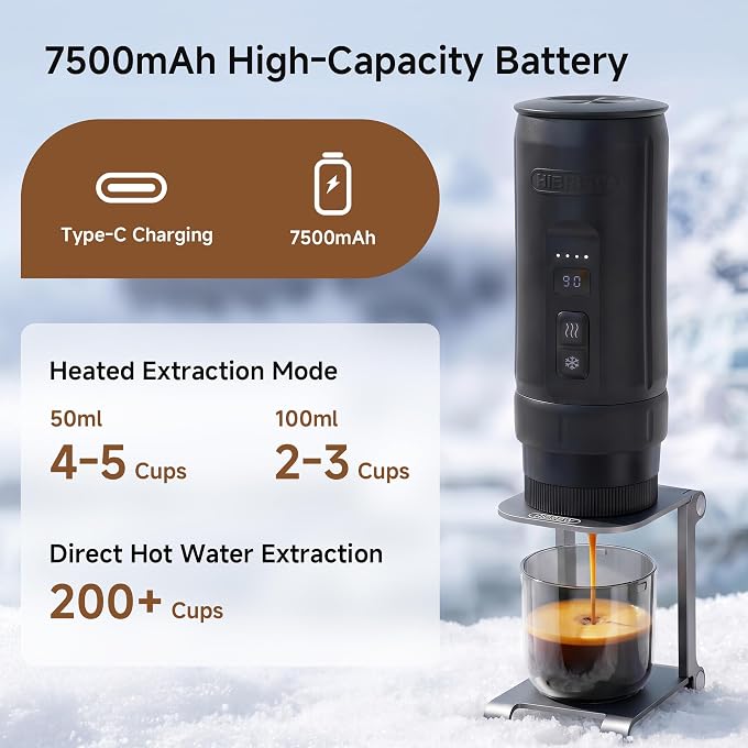HiBREW H4C Ultra Portable Electric Espresso Maker, 51mm Bottomless,Black | USB-C Rechargeable, Ground Coffee Compatible, Adjustable Brewing Settings, Compact Design for Camping, Travel & Outdoor Use - Image 2