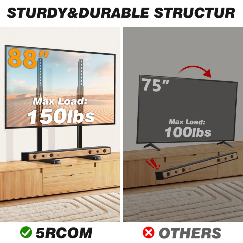 5Rcom Table Top TV Stand, Universal TV Stand for 35-88 Inch with Height Adjustment, TV Mount Stand Up to 150lbs for Curved Flat TVs with Cable Management, Black - Image 3