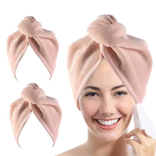 YoulerTex Microfiber Hair Towel Hair Wrap: 2 Pack 10X26 Hair Dryer Towels for Women Absorbent Turban Twist Hair Drying Shower Cap Curly Hair Products for Hair Care Hair Accessories (08 2-Pcs Beige) - Image 1