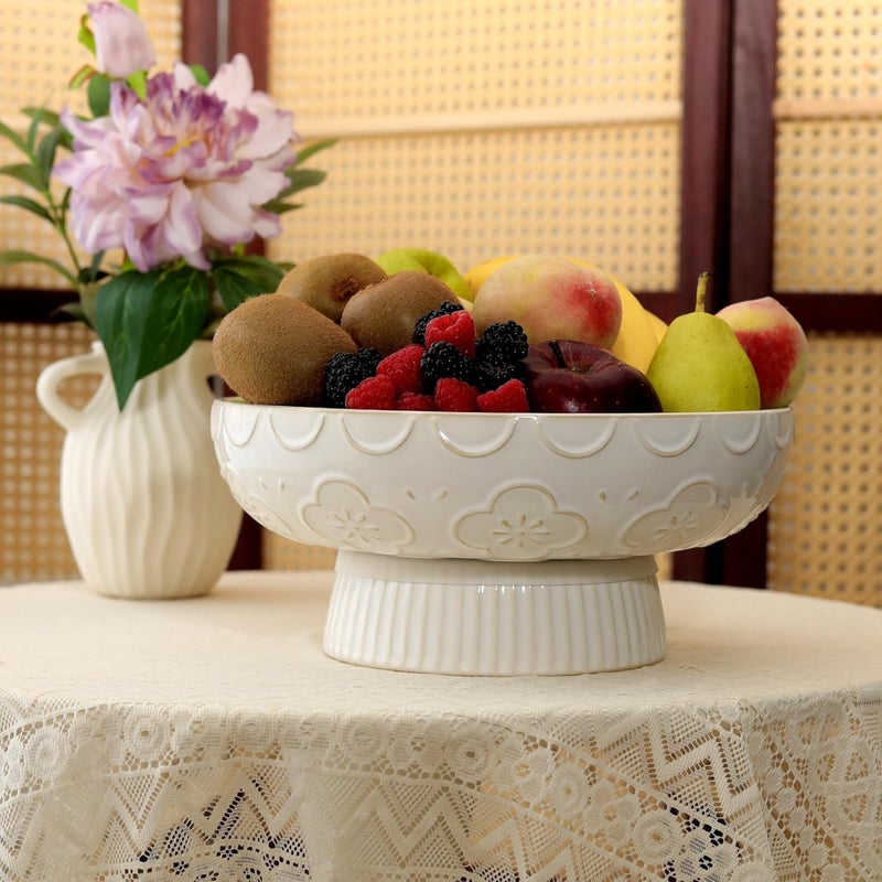 HAPPY KIT Ceramic Fruit Bowl,11"Modern Decorative Bowl,Large Fruit Bowl for Kitchen Counter with Drainage Hole & Removable Base,Embossed Floral Design,Keep Fruit Fresh ,Perfect for Families & Organized Homes - Image 5