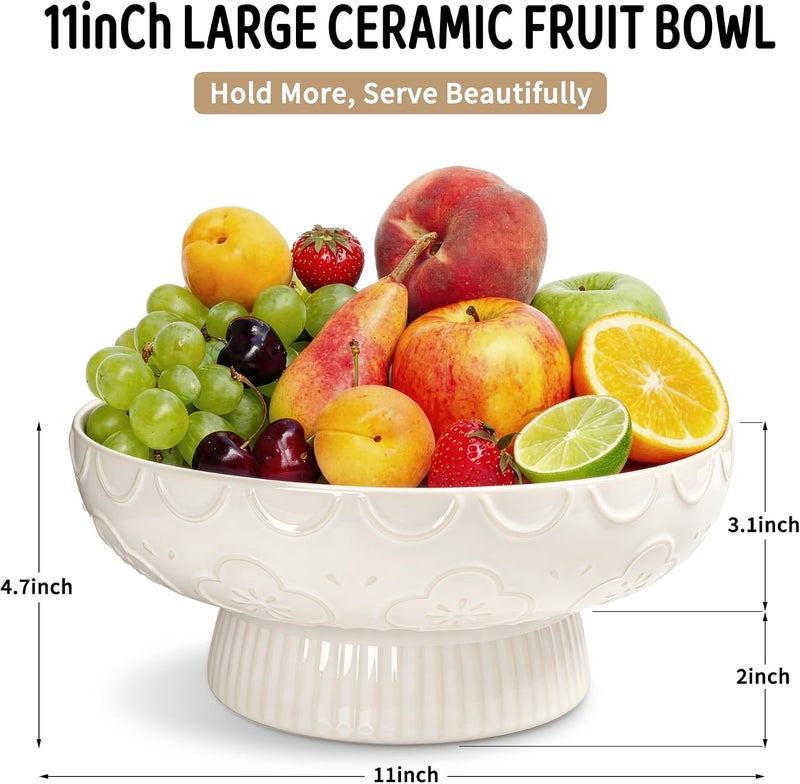 HAPPY KIT Ceramic Fruit Bowl,11"Modern Decorative Bowl,Large Fruit Bowl for Kitchen Counter with Drainage Hole & Removable Base,Embossed Floral Design,Keep Fruit Fresh ,Perfect for Families & Organized Homes - Image 3