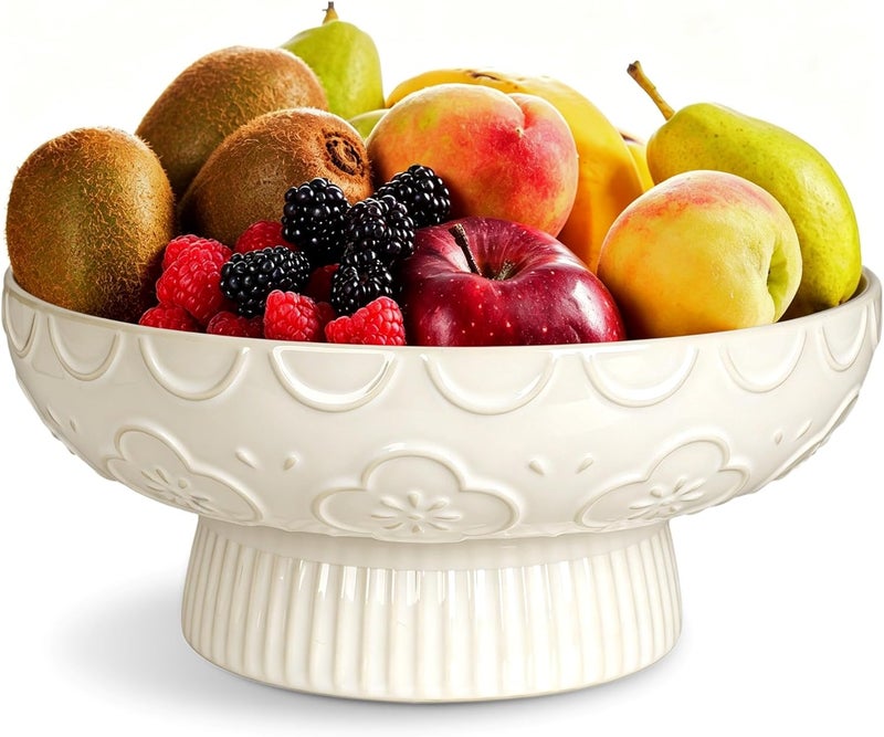 HAPPY KIT Ceramic Fruit Bowl,11"Modern Decorative Bowl,Large Fruit Bowl for Kitchen Counter with Drainage Hole & Removable Base,Embossed Floral Design,Keep Fruit Fresh ,Perfect for Families & Organized Homes - Image 1