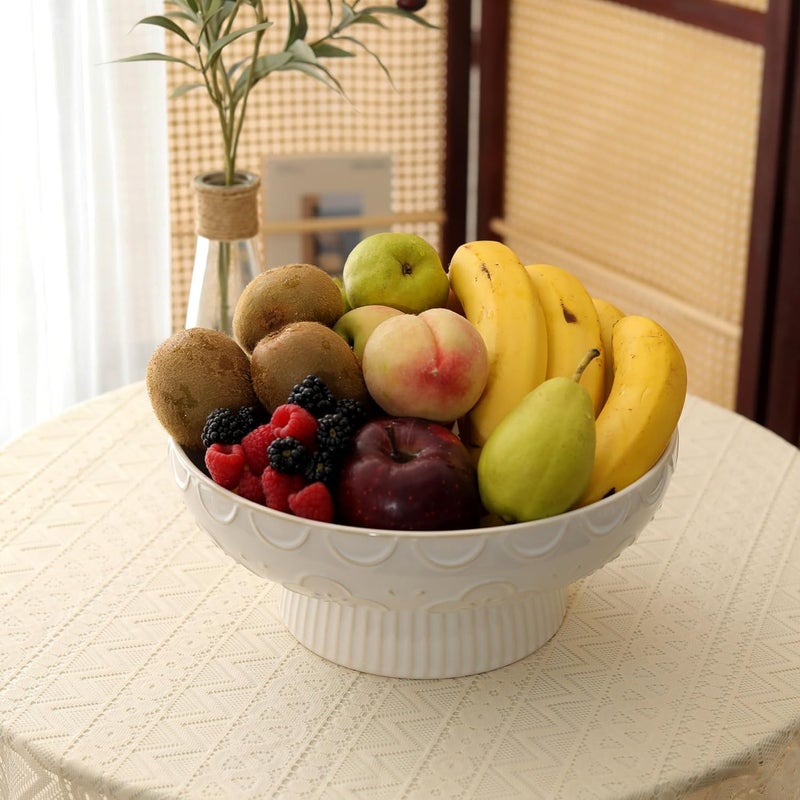 HAPPY KIT Ceramic Fruit Bowl,11"Modern Decorative Bowl,Large Fruit Bowl for Kitchen Counter with Drainage Hole & Removable Base,Embossed Floral Design,Keep Fruit Fresh ,Perfect for Families & Organized Homes - Image 2