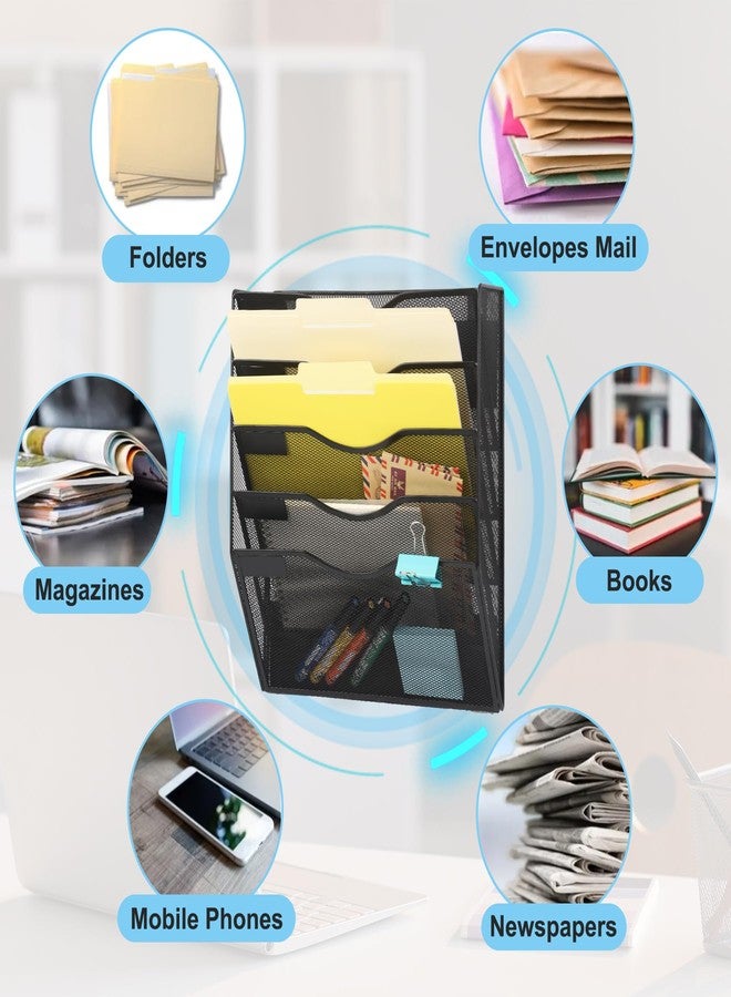 EASEPRES Magnetic 5 Pocket Mesh Hanging File Organizer, Wall Mounted Mail Paper Document Folder Holder, Clipboard Storage Organization Magazine Rack with Nametag Label for Office Home School, Black - Image 4