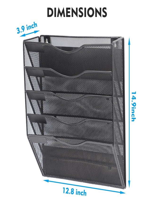 EASEPRES Magnetic 5 Pocket Mesh Hanging File Organizer, Wall Mounted Mail Paper Document Folder Holder, Clipboard Storage Organization Magazine Rack with Nametag Label for Office Home School, Black - Image 3