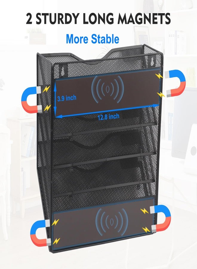 EASEPRES Magnetic 5 Pocket Mesh Hanging File Organizer, Wall Mounted Mail Paper Document Folder Holder, Clipboard Storage Organization Magazine Rack with Nametag Label for Office Home School, Black - Image 2