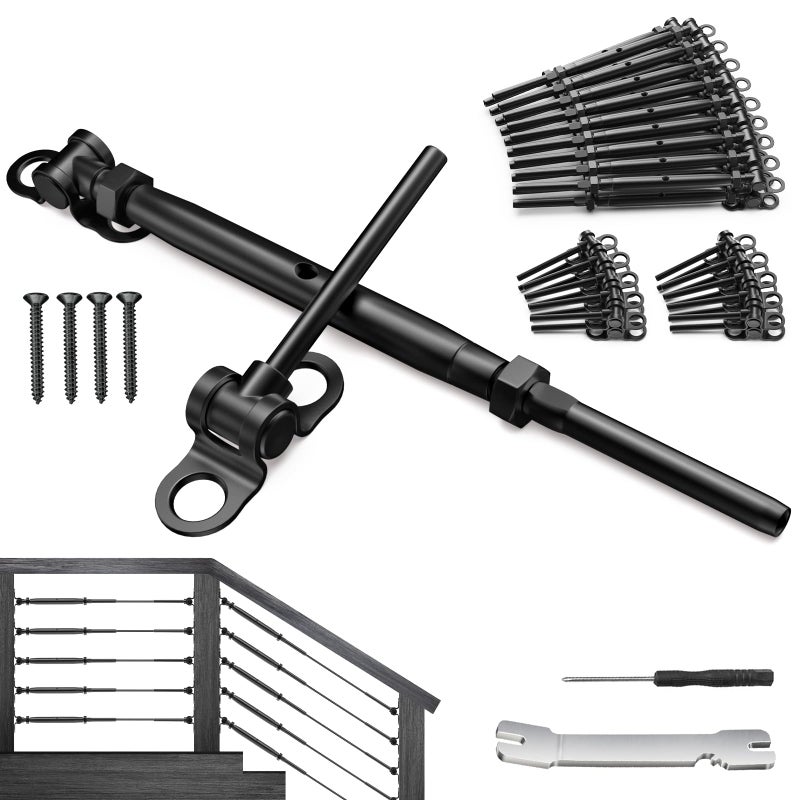 BLIKA 25 Pair 1/8" Black Cable Railing Kit Swage Toggle Turnbuckle Hardware, Adjustable Angle T316 Stainless Steel Cable Railing Kits for 2"x2", 4"x4" Wood Posts, Black Deck Railing Kit for Stairs - Image 1