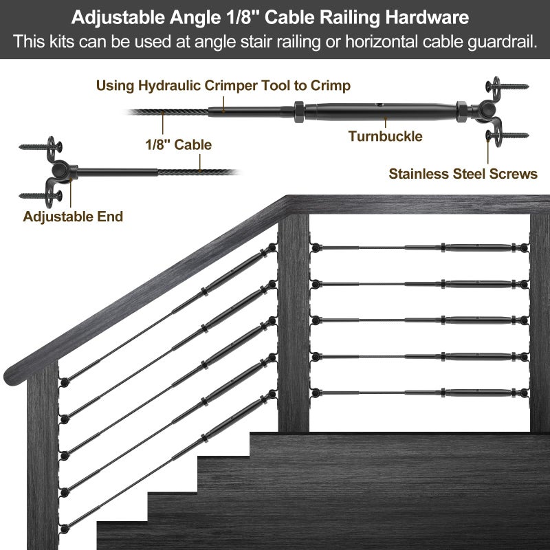 BLIKA 25 Pair 1/8" Black Cable Railing Kit Swage Toggle Turnbuckle Hardware, Adjustable Angle T316 Stainless Steel Cable Railing Kits for 2"x2", 4"x4" Wood Posts, Black Deck Railing Kit for Stairs - Image 5