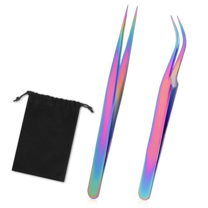 2pcs Precision Nail Art Eyelash Extension Tweezers Stainless Steel False Lash Application Tools Curved Straight Tip