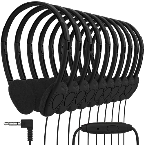 Maeline Bulk On Ear Student Headphones with Microphone for Classroom School Library Airplane Kids Online Learning and Travel 35 mm Headphone Plug 10 Pack Black - Image 1