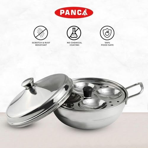 PANCA Stainless Steel Multi Purpose Kadai with Steel Lid, Idli Maker 2 Idli Plate 8 Cavity Idli Cooker Stainless Steel Idly Pot with Steamer (2 Plate 8 Cavity) - Image 5