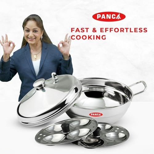 PANCA Stainless Steel Multi Purpose Kadai with Steel Lid, Idli Maker 2 Idli Plate 8 Cavity Idli Cooker Stainless Steel Idly Pot with Steamer (2 Plate 8 Cavity) - Image 2