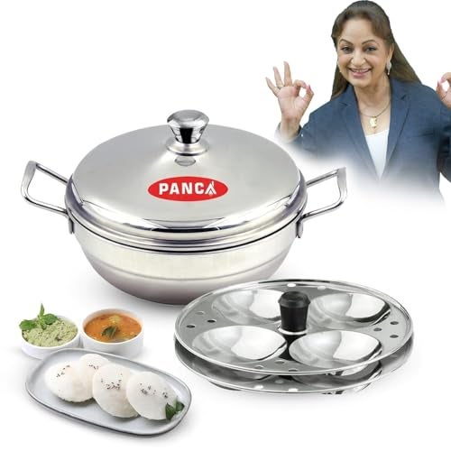PANCA Stainless Steel Multi Purpose Kadai with Steel Lid, Idli Maker 2 Idli Plate 8 Cavity Idli Cooker Stainless Steel Idly Pot with Steamer (2 Plate 8 Cavity) - Image 1