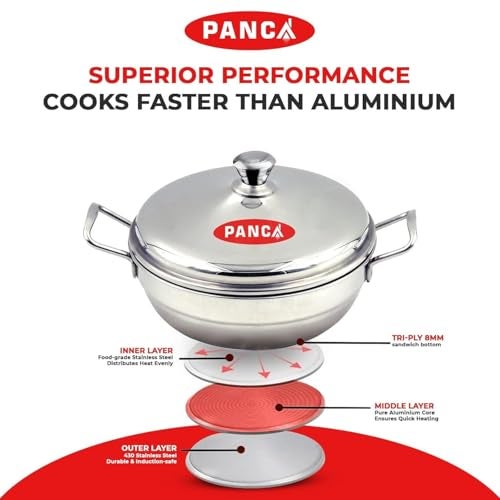 PANCA Stainless Steel Multi Purpose Kadai with Steel Lid, Idli Maker 2 Idli Plate 8 Cavity Idli Cooker Stainless Steel Idly Pot with Steamer (2 Plate 8 Cavity) - Image 4