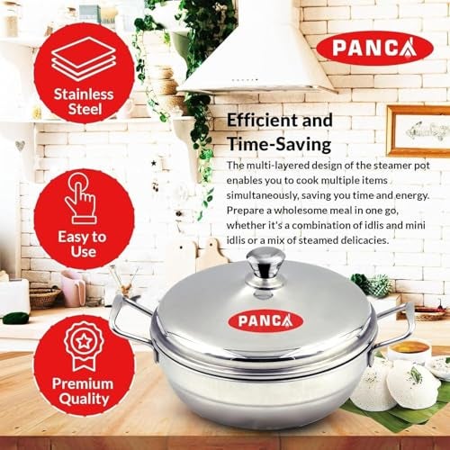 PANCA Stainless Steel Multi Purpose Kadai with Steel Lid, Idli Maker 2 Idli Plate 8 Cavity Idli Cooker Stainless Steel Idly Pot with Steamer (2 Plate 8 Cavity) - Image 3