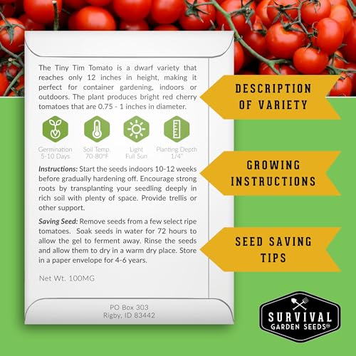 SURVIVAL GARDEN SEEDS Tiny Tim Tomato Seeds - Dwarf Cherry Tomatoes for Planting Indoors or Patio, Compact Heirloom Variety for Containers, High Yield, Non-GMO - Survival Garden Seeds (1 Pack) - Image 2