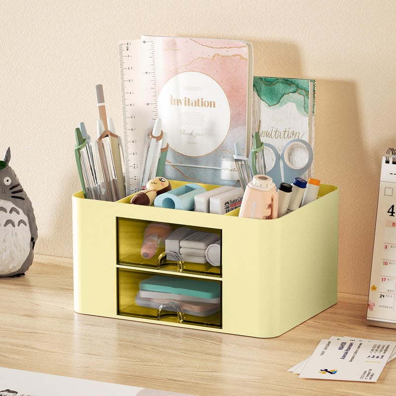 Marbrasse Pen Organizer with 2 Drawer, Multi-Functional Pencil Holder for Desk, Desk Organizers and Accessories with 5 Compartments + Drawer for Office Art Supplies (Yellow) - Image 2